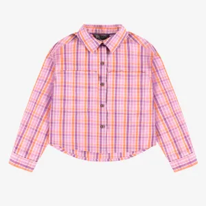 Chemise mauve et pêche à carreaux en popeline de coton, enfant || Cotton poplin purple and peach plaid shirt, child