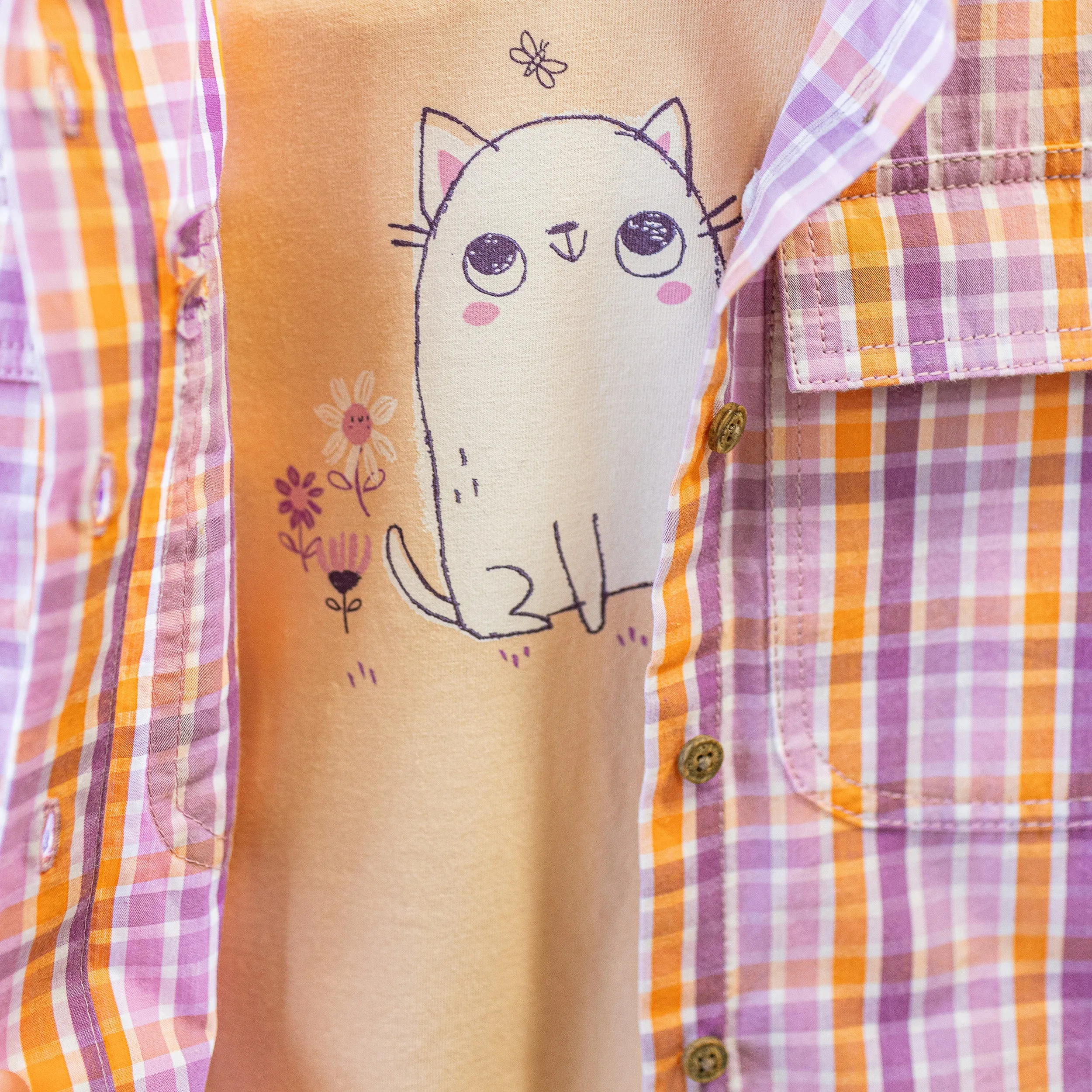 Chemise mauve et pêche à carreaux en popeline de coton, enfant || Cotton poplin purple and peach plaid shirt, child