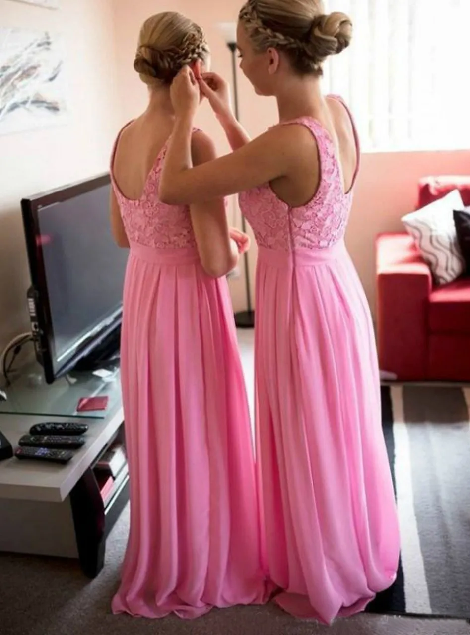 Chiffon Long Pink Bridesmaid Dresses with Lace Bodice