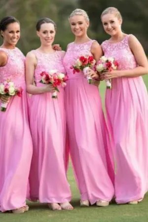 Chiffon Long Pink Bridesmaid Dresses with Lace Bodice