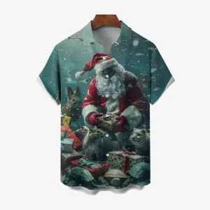 Christmas Santa Claus Giving Gifts Small Animal Print Short Sleeve Shirt 2411010000