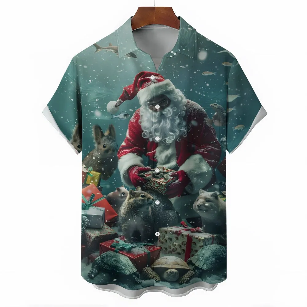 Christmas Santa Claus Giving Gifts Small Animal Print Short Sleeve Shirt 2411010000
