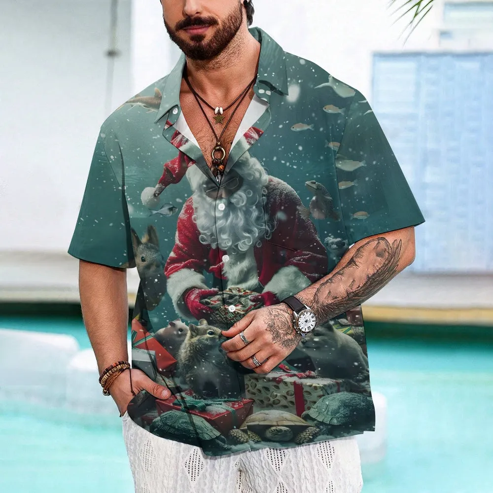 Christmas Santa Claus Giving Gifts Small Animal Print Short Sleeve Shirt 2411010000