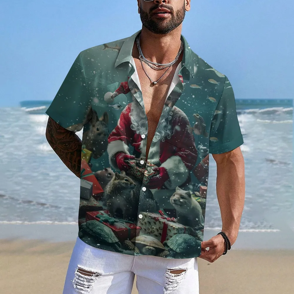 Christmas Santa Claus Giving Gifts Small Animal Print Short Sleeve Shirt 2411010000