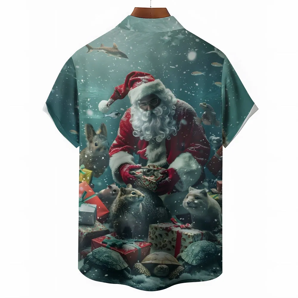 Christmas Santa Claus Giving Gifts Small Animal Print Short Sleeve Shirt 2411010000