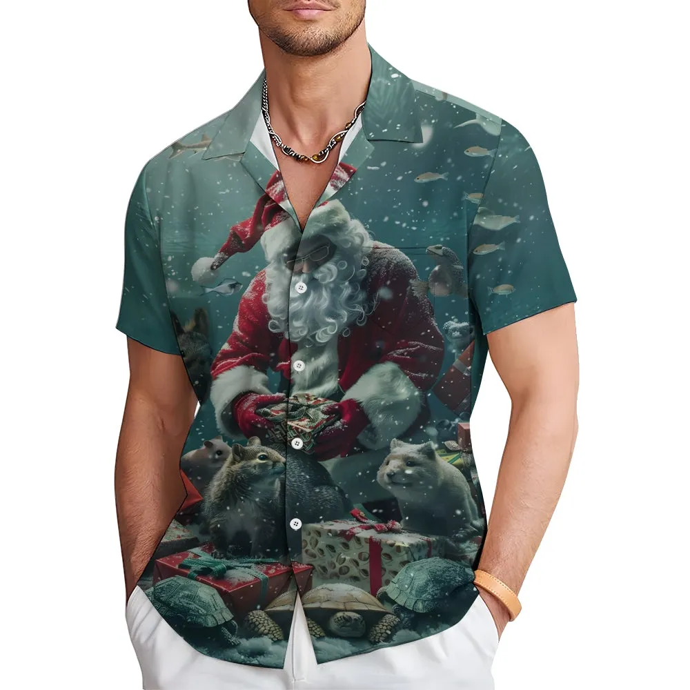 Christmas Santa Claus Giving Gifts Small Animal Print Short Sleeve Shirt 2411010000