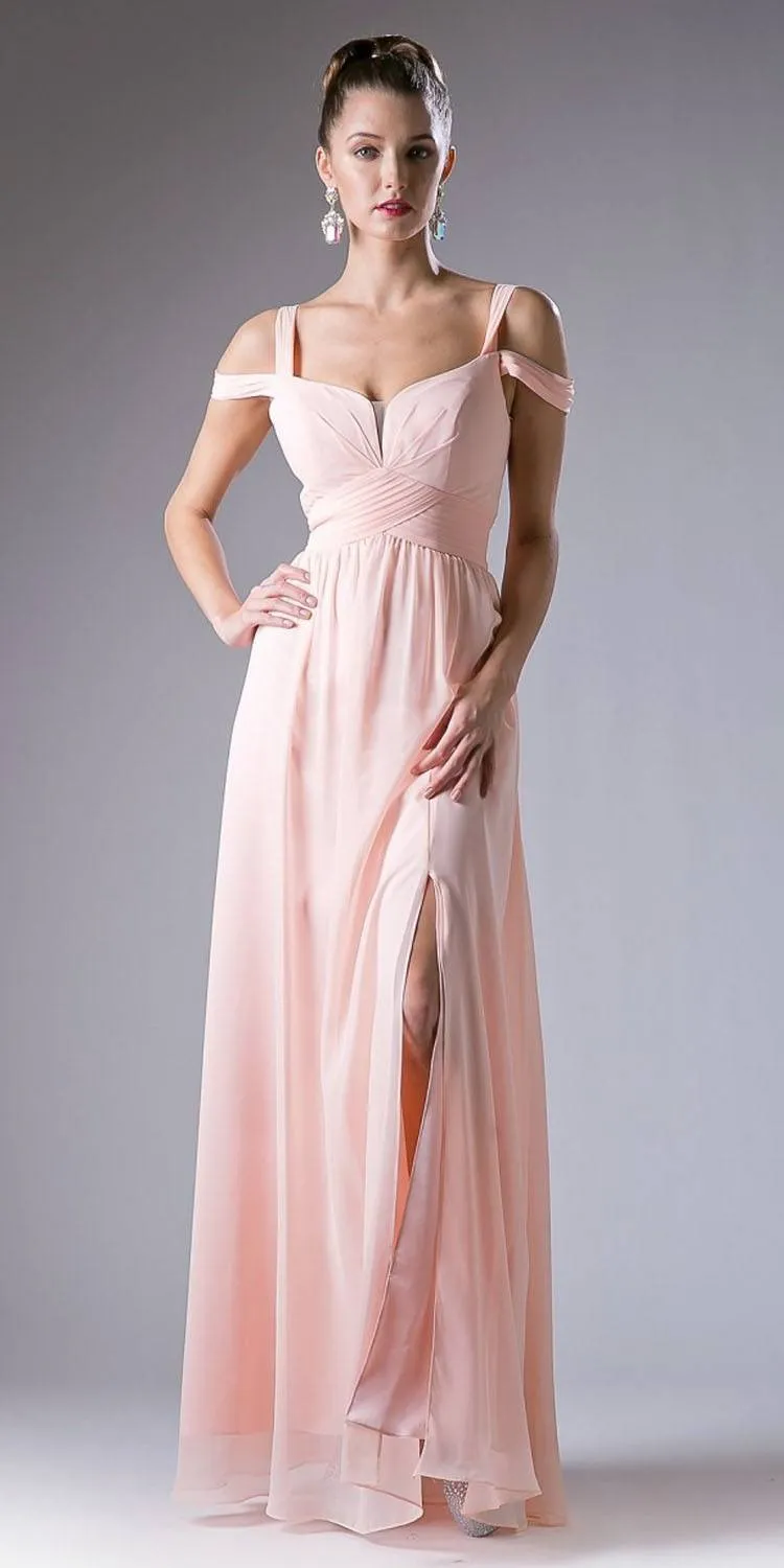 Cinderella Divine CH518 Long A-Line Chiffon Dress Cold Shoulder Strap