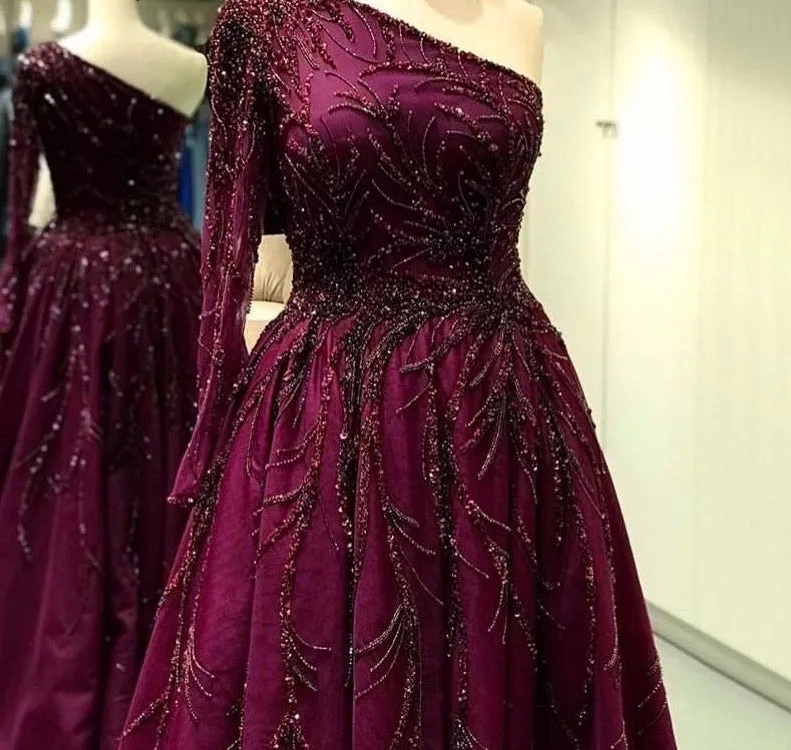 Dubai Design Wine Red A-Line Evening Dresses One-Shoulder Sexy Luxury Formal Dress