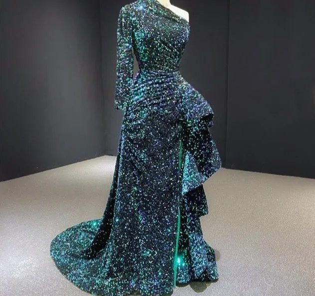 Dubai Luxury One Shoulder Red Evening Dresses Sequined Sparkle Mermaid Sexy Fromal Dress