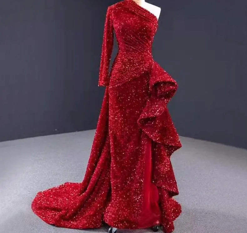 Dubai Luxury One Shoulder Red Evening Dresses Sequined Sparkle Mermaid Sexy Fromal Dress