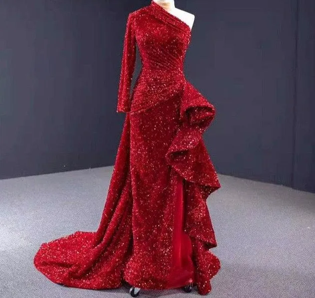 Dubai Luxury One Shoulder Red Evening Dresses Sequined Sparkle Mermaid Sexy Fromal Dress