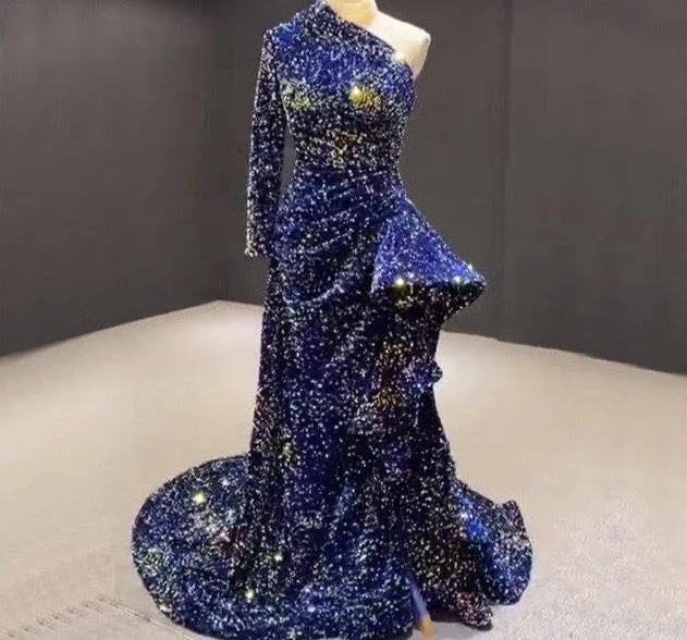 Dubai Luxury One Shoulder Red Evening Dresses Sequined Sparkle Mermaid Sexy Fromal Dress