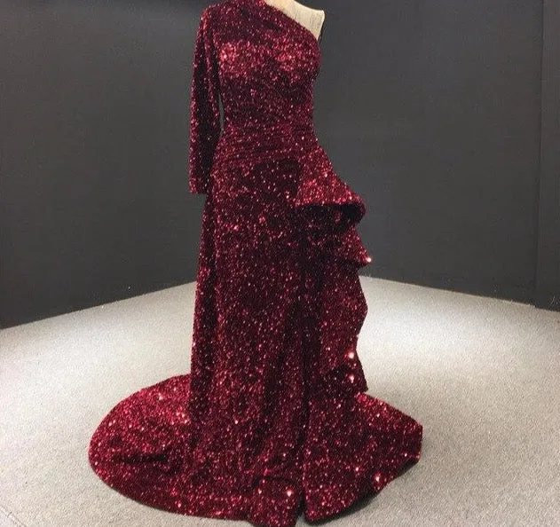 Dubai Luxury One Shoulder Red Evening Dresses Sequined Sparkle Mermaid Sexy Fromal Dress