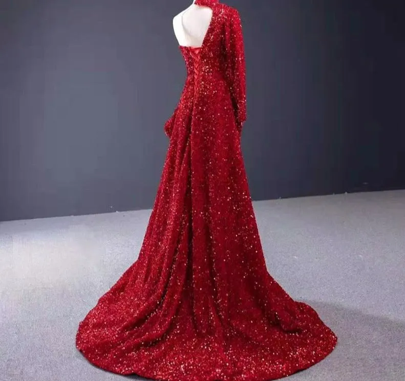 Dubai Luxury One Shoulder Red Evening Dresses Sequined Sparkle Mermaid Sexy Fromal Dress