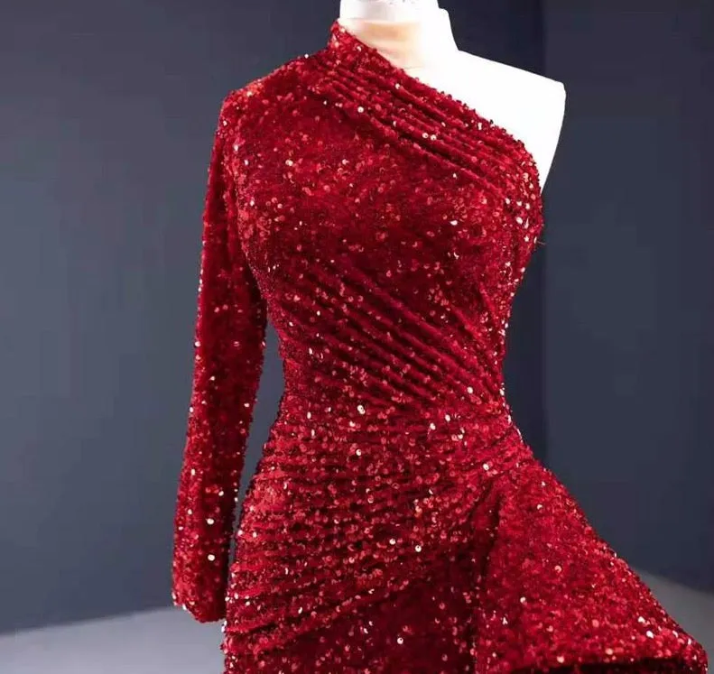 Dubai Luxury One Shoulder Red Evening Dresses Sequined Sparkle Mermaid Sexy Fromal Dress