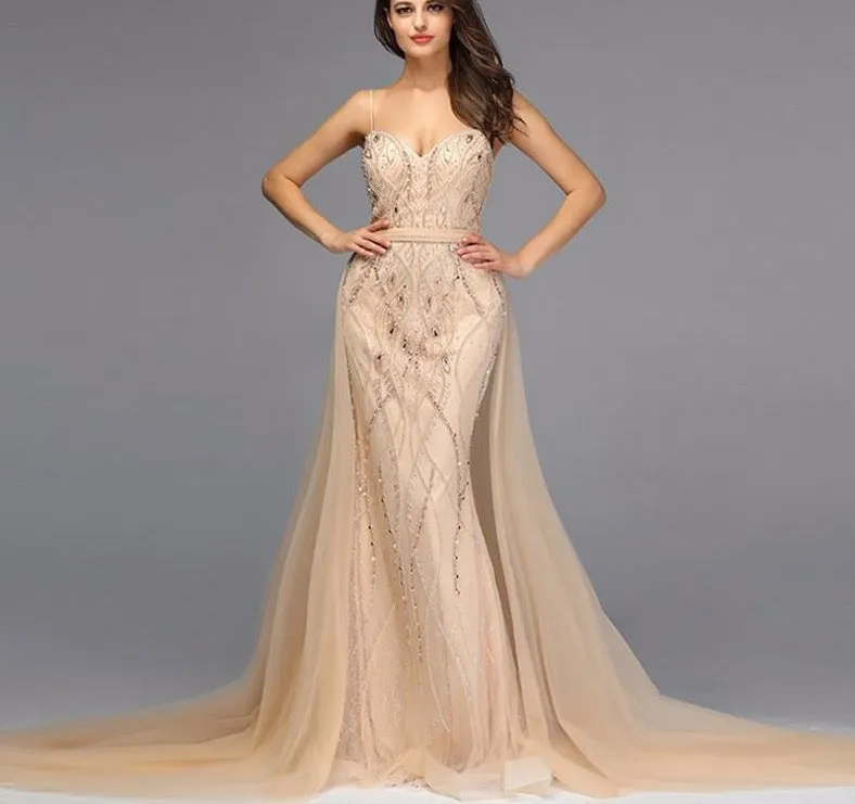 Dubai Luxury Pearls Crystal Evening Dresses Long White Nude Backless Mermaid Evening Gowns