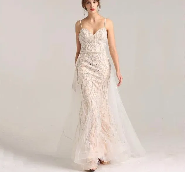 Dubai Luxury Pearls Crystal Evening Dresses Long White Nude Backless Mermaid Evening Gowns