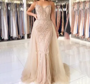 Dubai Luxury Pearls Crystal Evening Dresses Long White Nude Backless Mermaid Evening Gowns