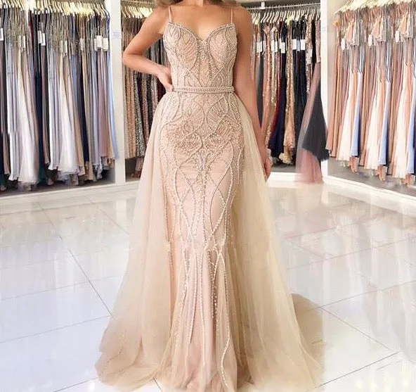 Dubai Luxury Pearls Crystal Evening Dresses Long White Nude Backless Mermaid Evening Gowns