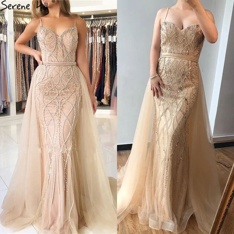 Dubai Luxury Pearls Crystal Evening Dresses Long White Nude Backless Mermaid Evening Gowns