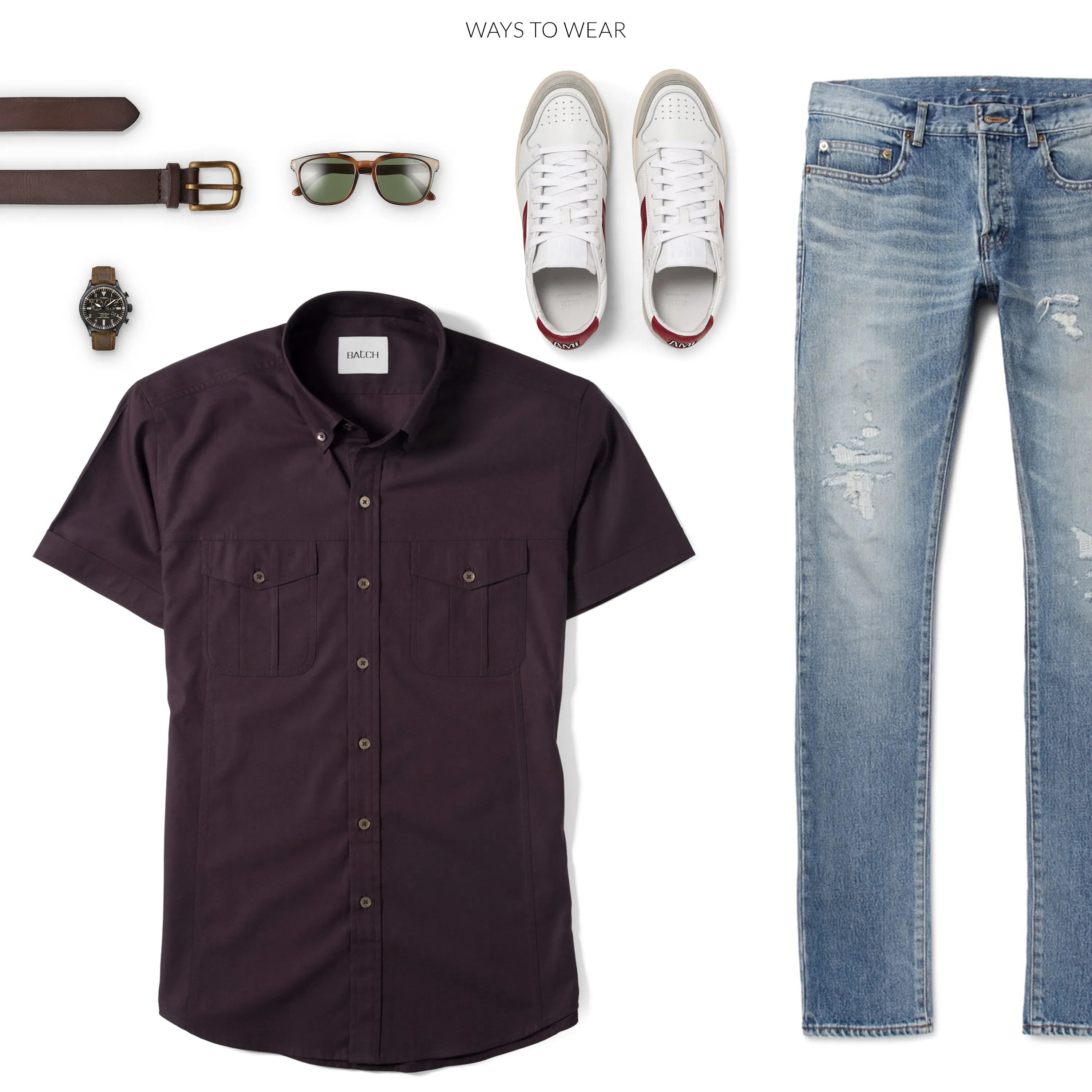 Editor Short Sleeve Utility Shirt – Dark Burgundy Stretch Cotton Poplin
