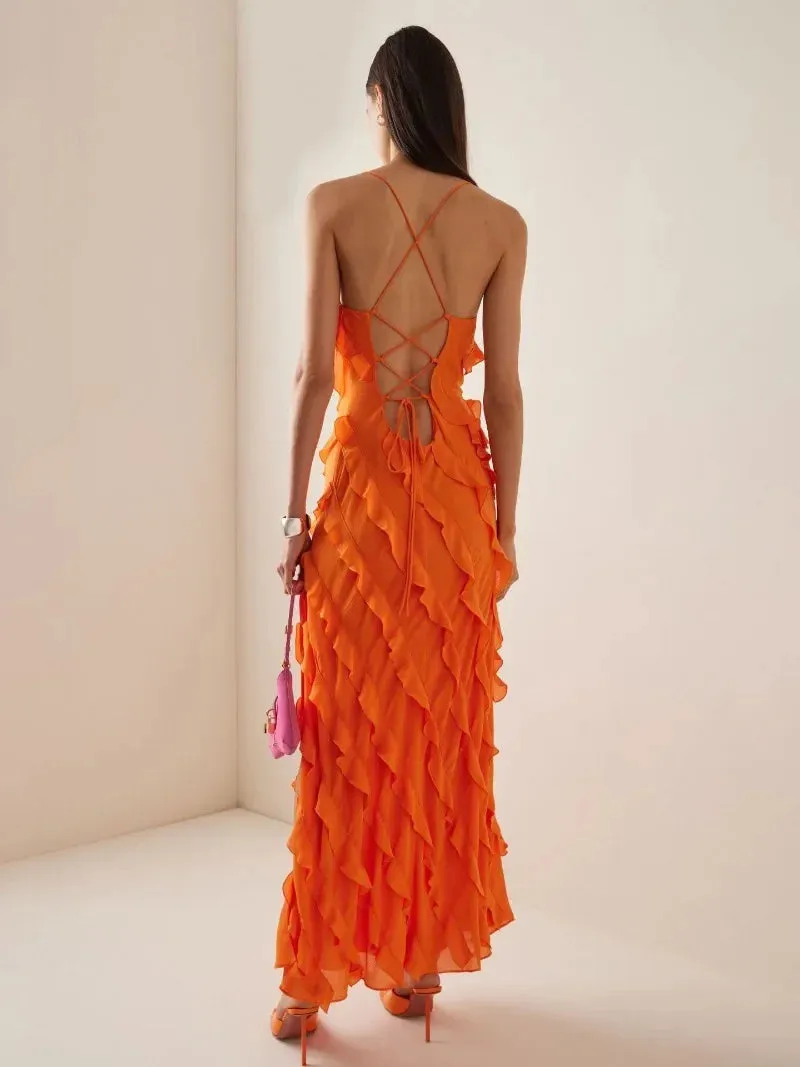 Elegant Pretty Long Dress With Side Split Spring Summer Sleeveless Backless Ruffles Formal Evening Wedding Party Dress