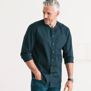 Essential Band Collar Button Down Shirt - Dark Navy Cotton Stretch Poplin