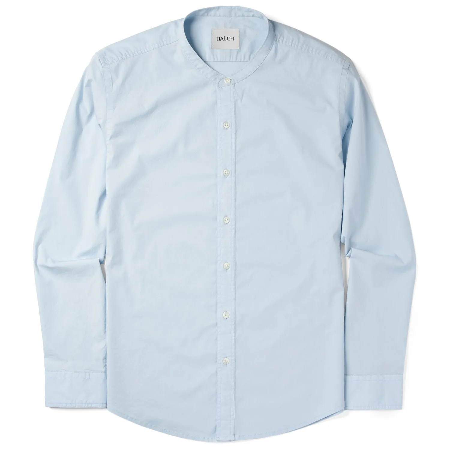 Essential Band Collar Button Down Shirt - Light Blue Cotton Stretch Poplin