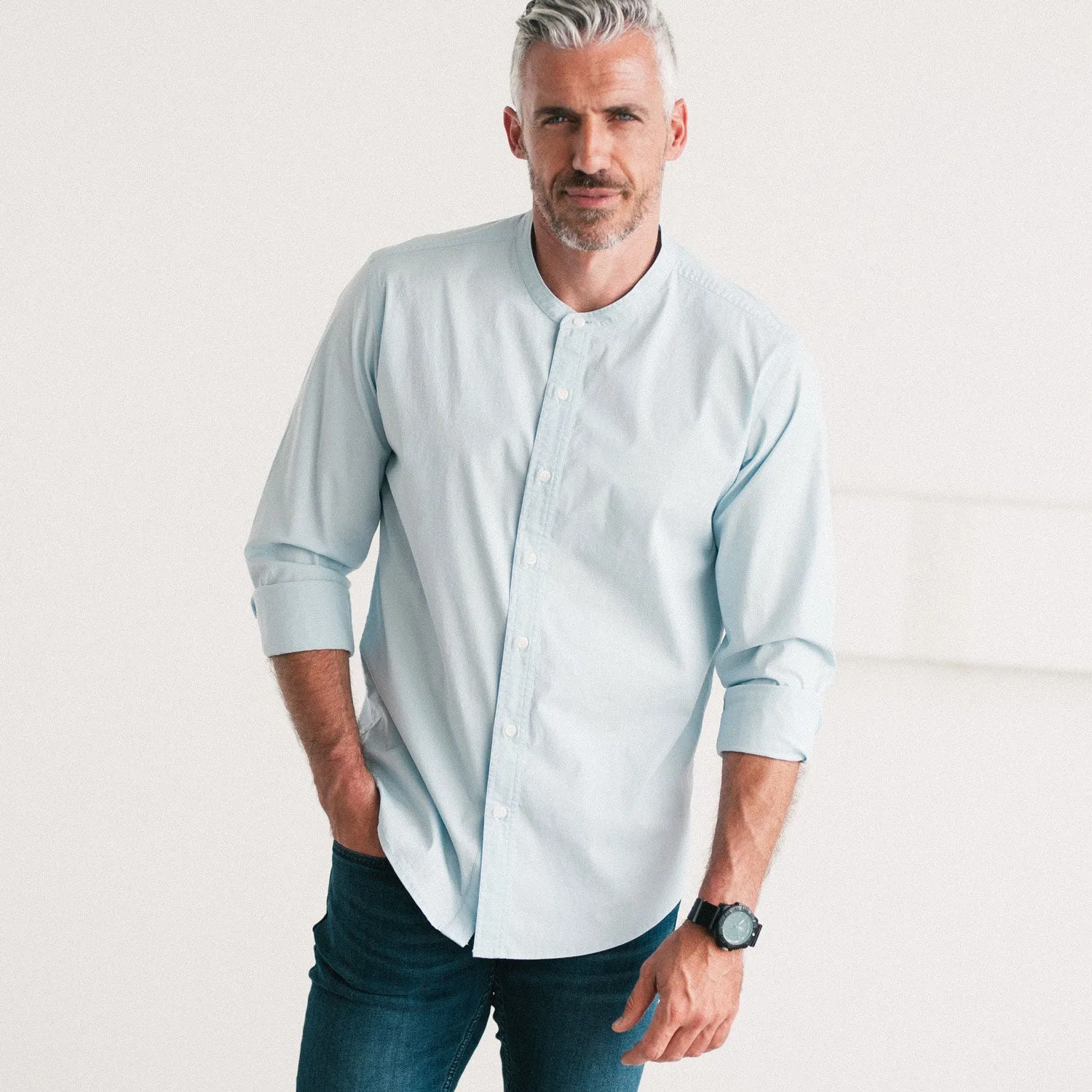 Essential Band Collar Button Down Shirt - Light Blue Cotton Stretch Poplin