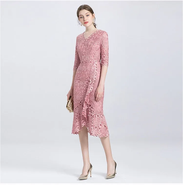 Europe and the United States high-end large size mother with big temperament slim hip tail sleeve flower dress