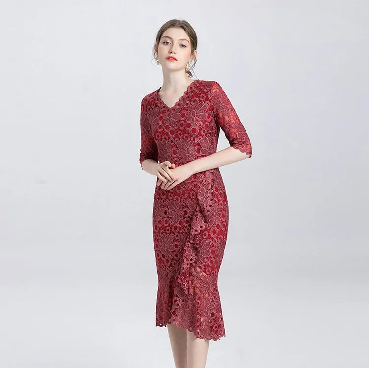 Europe and the United States high-end large size mother with big temperament slim hip tail sleeve flower dress
