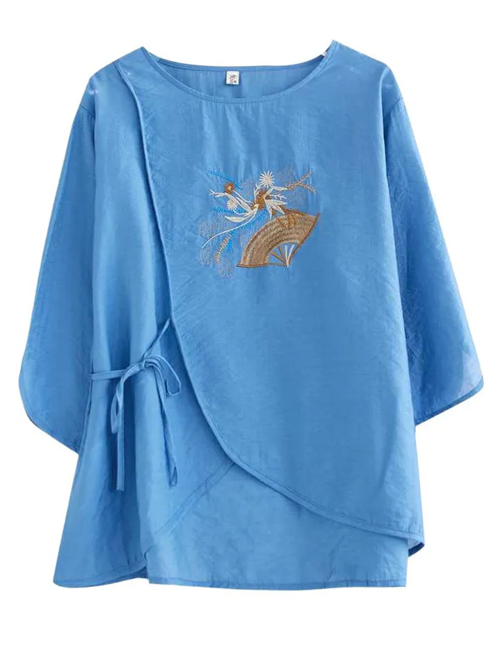 Female Chinese Fan Flower Embroidered 3/4 Sleeve Shirt