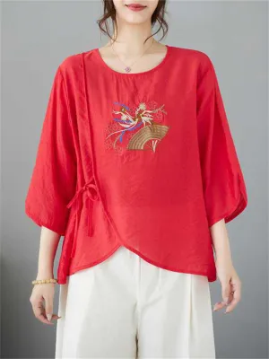 Female Chinese Fan Flower Embroidered 3/4 Sleeve Shirt
