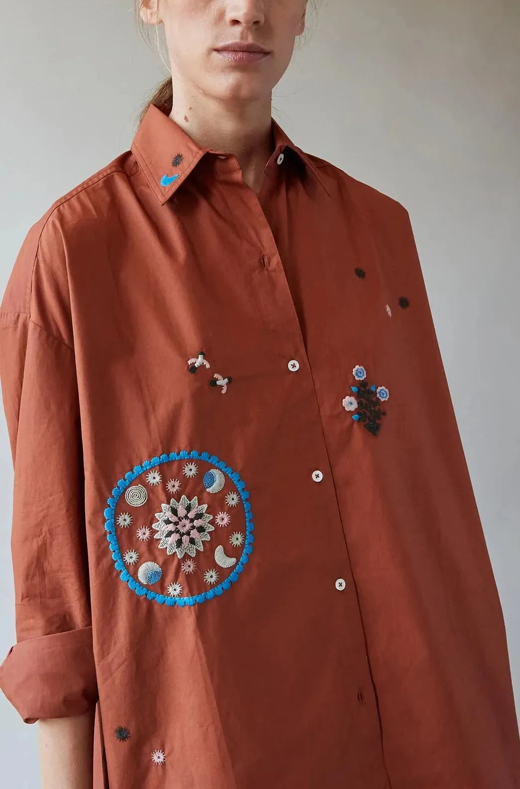 Francine Shirt with Storybook Embroidery, Terra Cotta Poplin