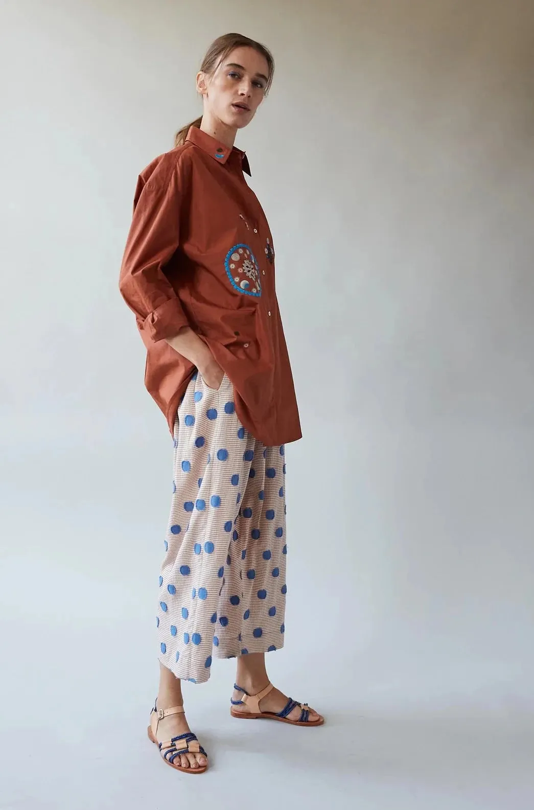 Francine Shirt with Storybook Embroidery, Terra Cotta Poplin