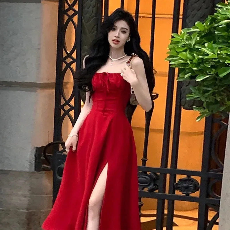 French Elegant White Strap Midi Dress New Fashion Casual Evening Party Dress Beach Sleeveless Lace-Up Dress