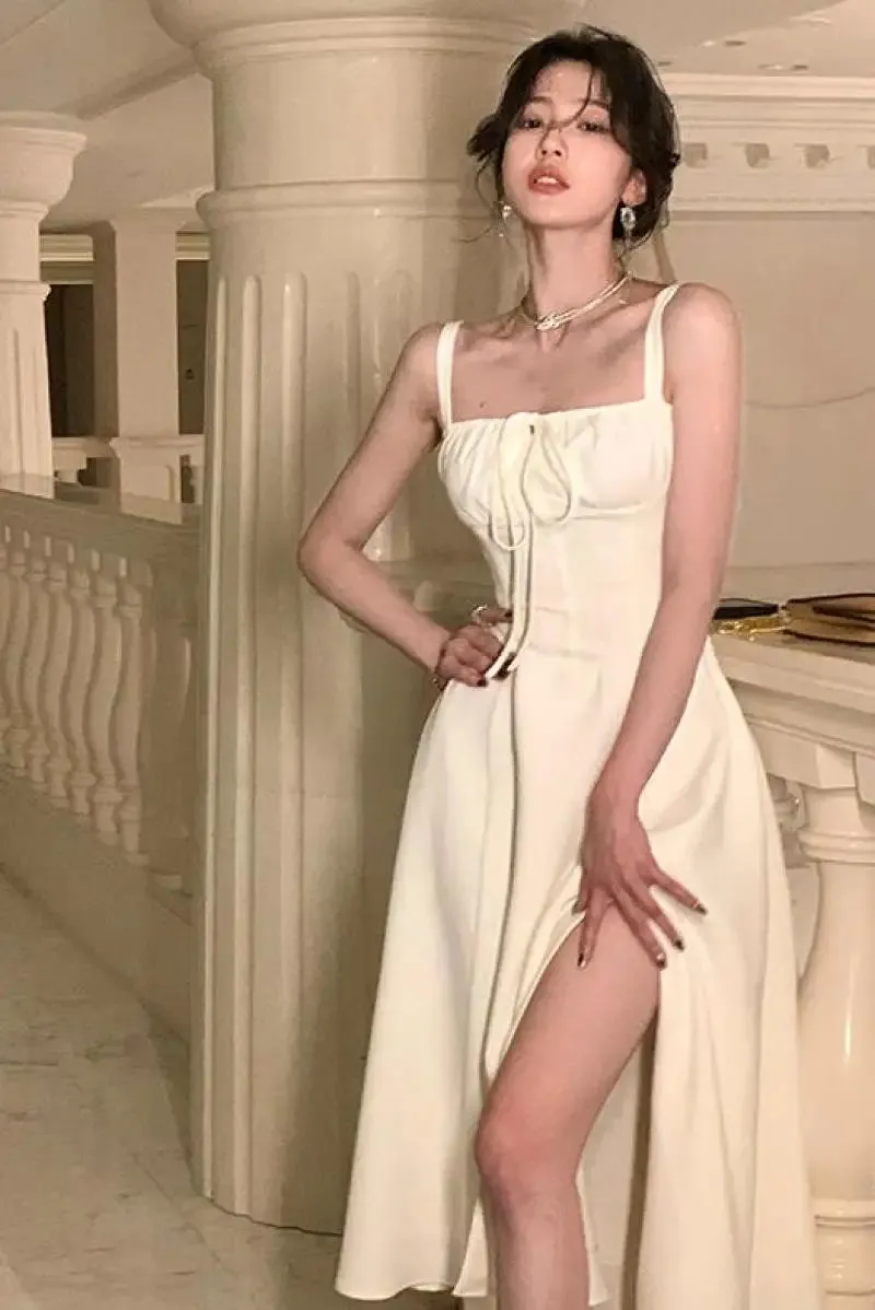 French Elegant White Strap Midi Dress New Fashion Casual Evening Party Dress Beach Sleeveless Lace-Up Dress