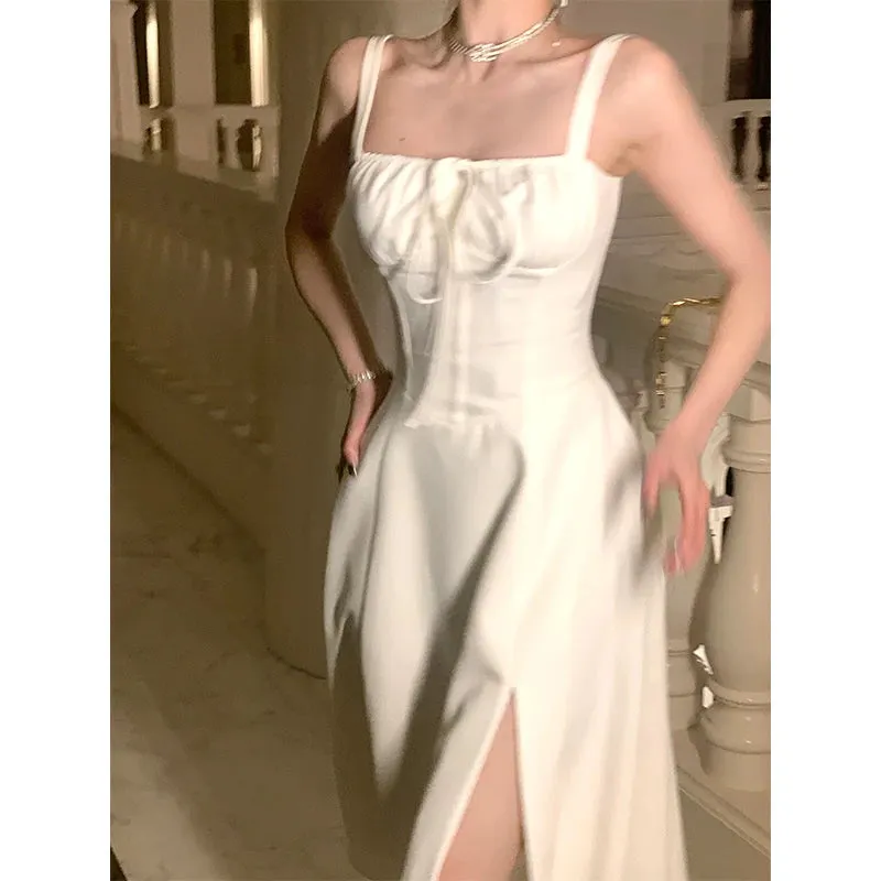 French Elegant White Strap Midi Dress New Fashion Casual Evening Party Dress Beach Sleeveless Lace-Up Dress