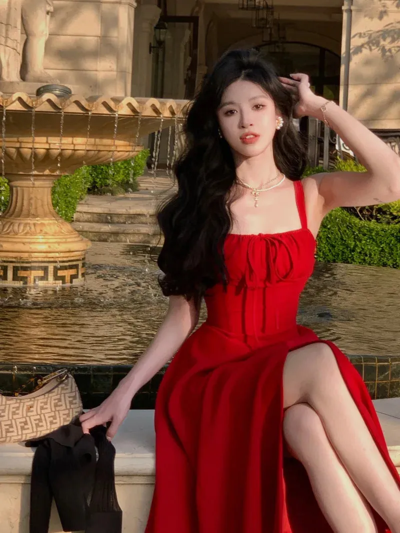 French Elegant White Strap Midi Dress New Fashion Casual Evening Party Dress Beach Sleeveless Lace-Up Dress