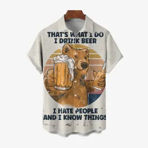 Funny Beer Bear Linen Short Sleeve Shirt 2409009596
