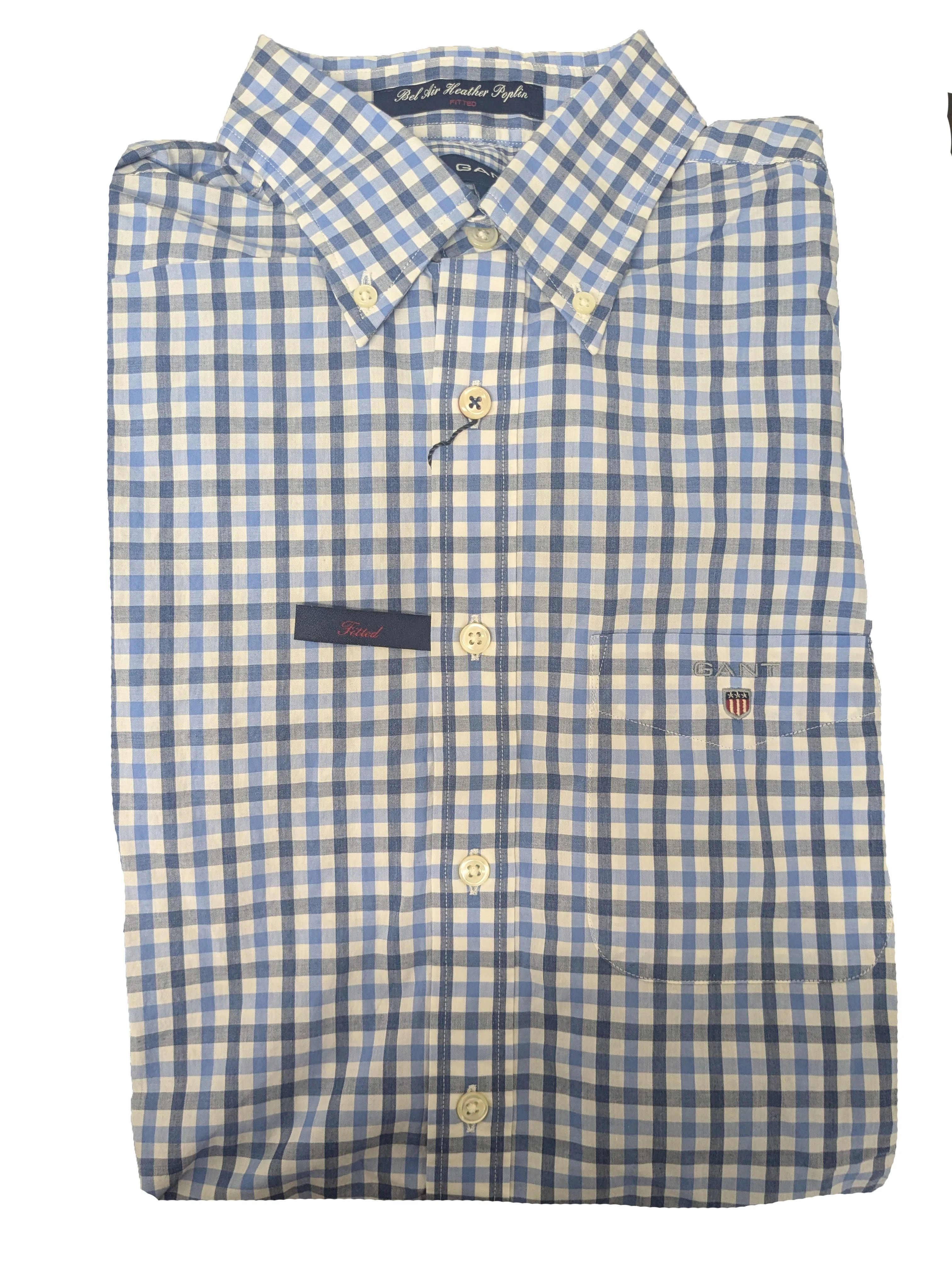 GANT Sea Blue Bel Air Poplin Tattersall Fitted Button Down Shirt 343262 Size M