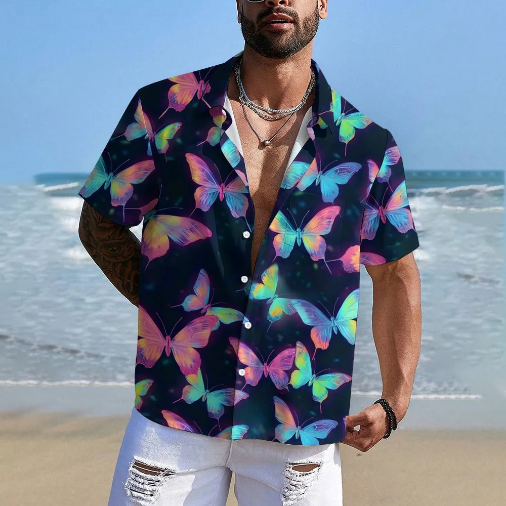 Glowing Colorful Butterfly Print Casual Short Sleeve Shirt 2408006970