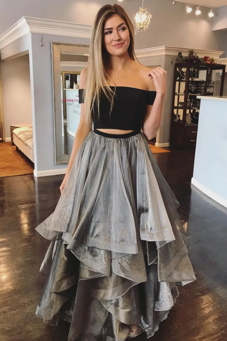 Gray two pieces tulle long prom dress, gray evening dress