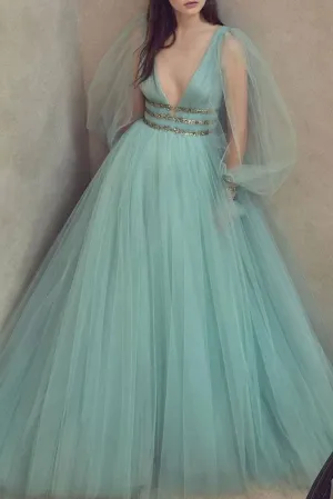Green v neck tulle long prom dress, green evening dress