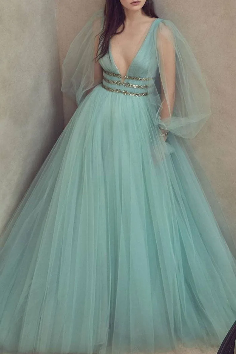 Green v neck tulle long prom dress, green evening dress