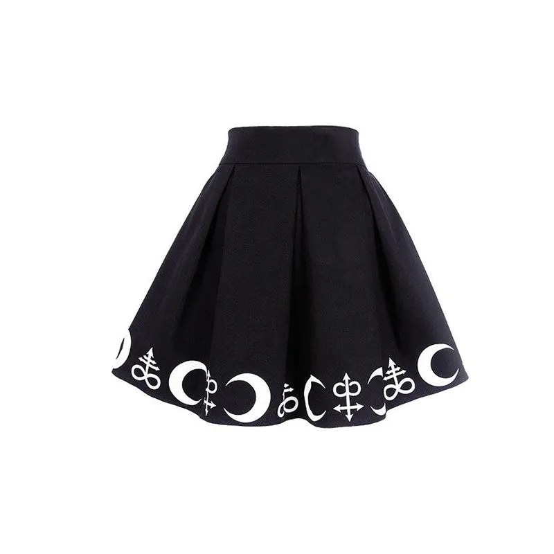 Harajuku Punk Rock Gothic Summer Women Skirt Moon Print Hight Waist Mini Skirt Pleated Tutu Skirt