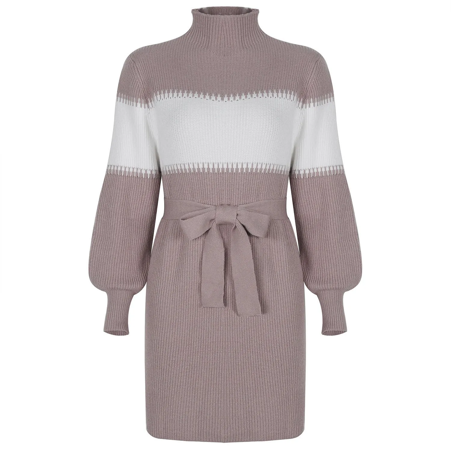 High Collar Lantern Sleeve Contrast Color Sweater Knit Mini Dress
