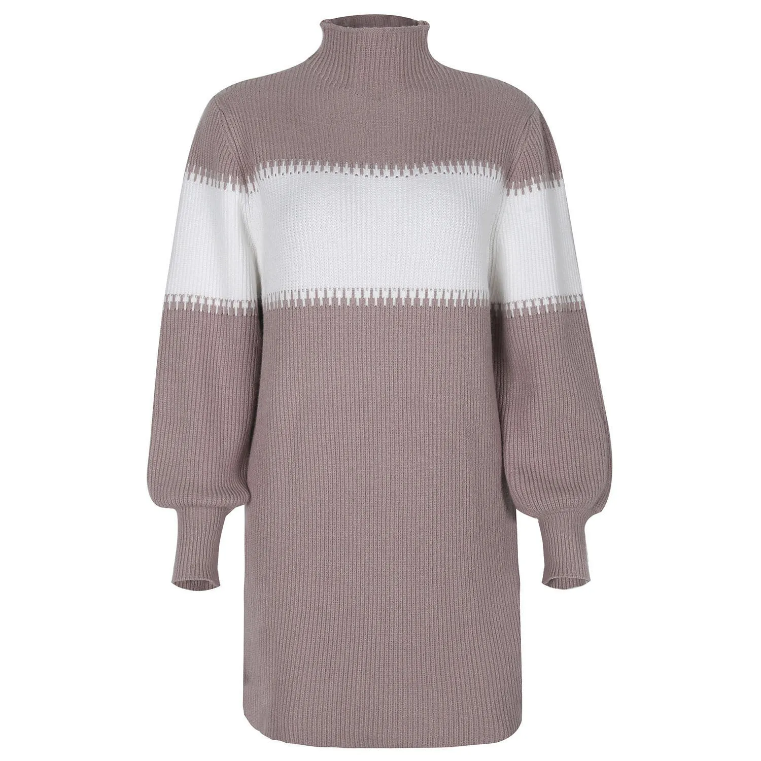 High Collar Lantern Sleeve Contrast Color Sweater Knit Mini Dress