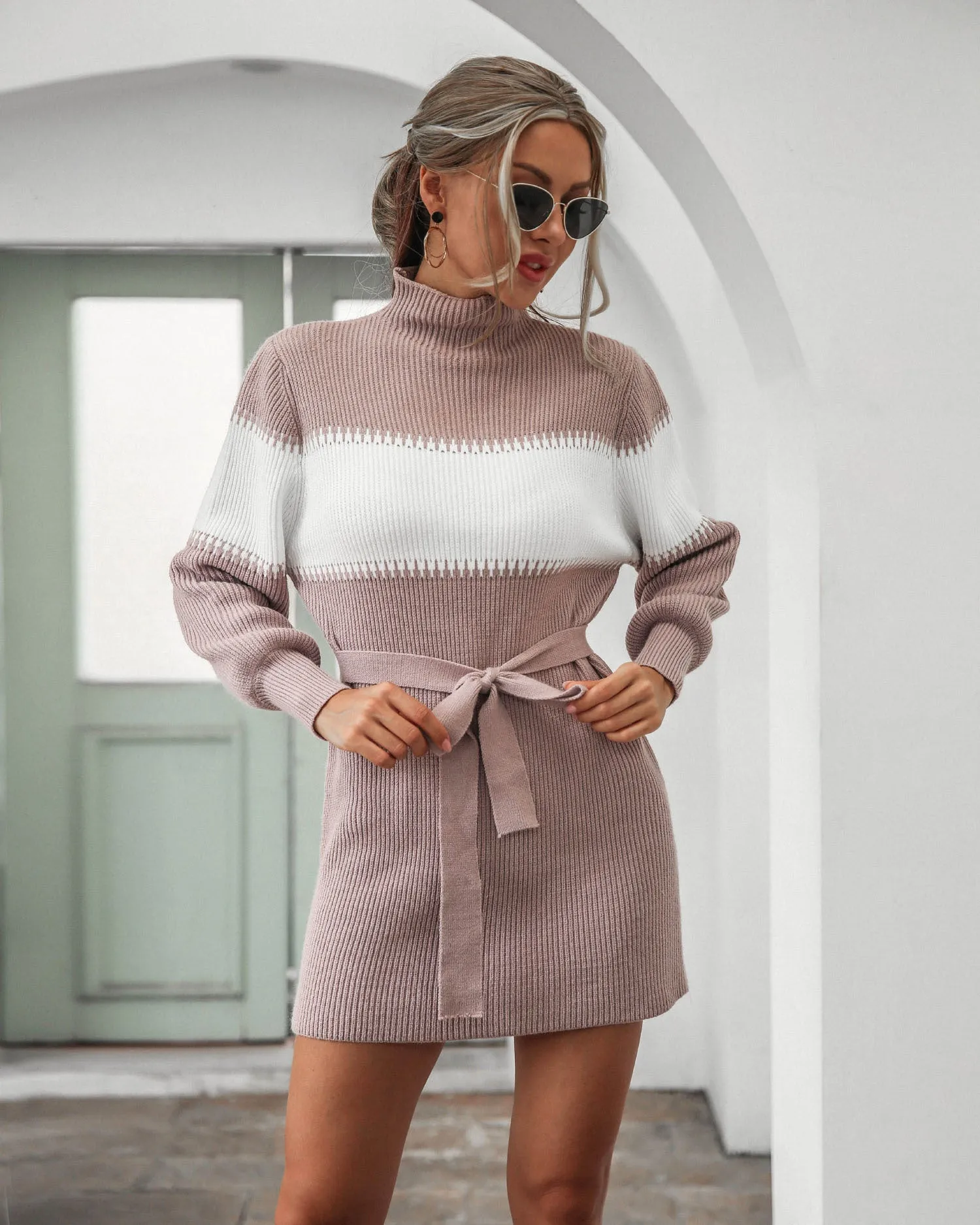 High Collar Lantern Sleeve Contrast Color Sweater Knit Mini Dress