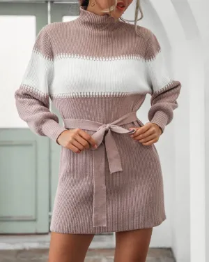 High Collar Lantern Sleeve Contrast Color Sweater Knit Mini Dress